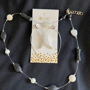 Silver-tone Black & White Necklace & Earrings Set